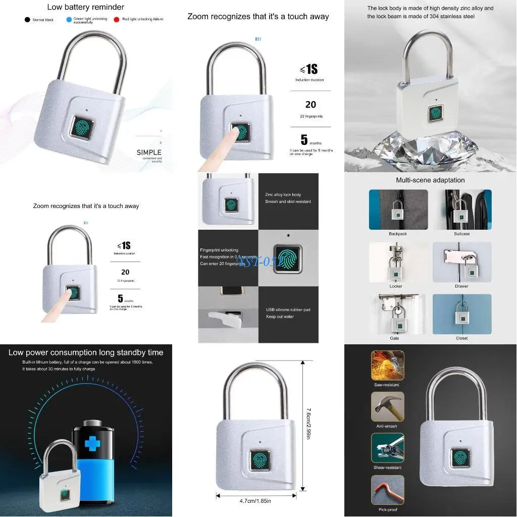

E15A Industrial Keyless Biometric Padlocks Fingerprint Security Lock Electronic Digital Padlocks for Outdoor Fence & Storage
