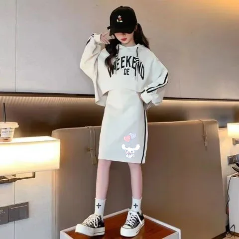 Lente Herfst Meisjeskleding Set Sanrios Kuromi Junior Sweatshirt Jurk Pak Cinnamoroll Tops Mouwloze Jurk Pak Tiener 2 Stuks