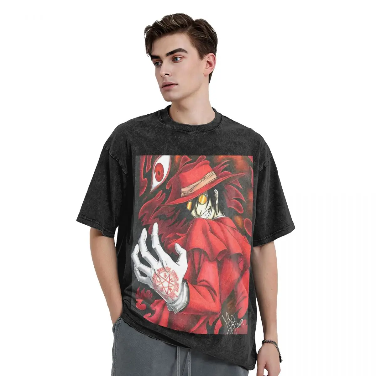 

Alucard Hellsing Manga, потертые футболки, повседневная футболка в стиле хип-хоп с короткими рукавами, уличная одежда, футболки для мужчин и женщин
