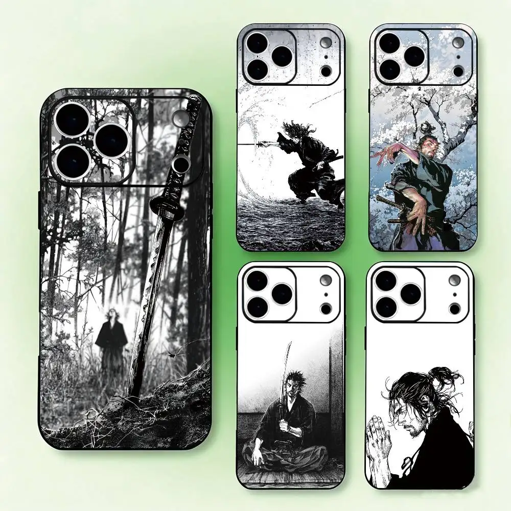 Coque de téléphone M-Miyamoto V-Vagabond Musashi pour iPhone 17, 16, 15, 14, 13, 12, Plus, Pro Max, XS, en silicone souple noir