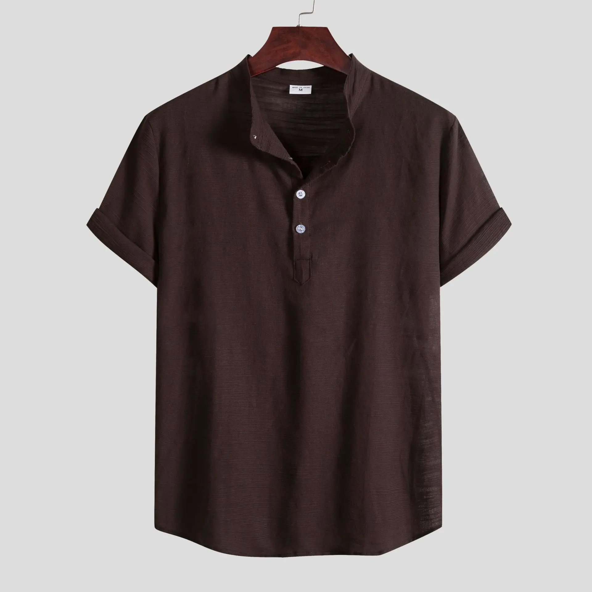 

Летняя мужская льняная рубашка с коротким рукавом 2024 года, модная, без воротника, с принтом, повседневная, легкая, теплая, в американском стиле, из чистого льна