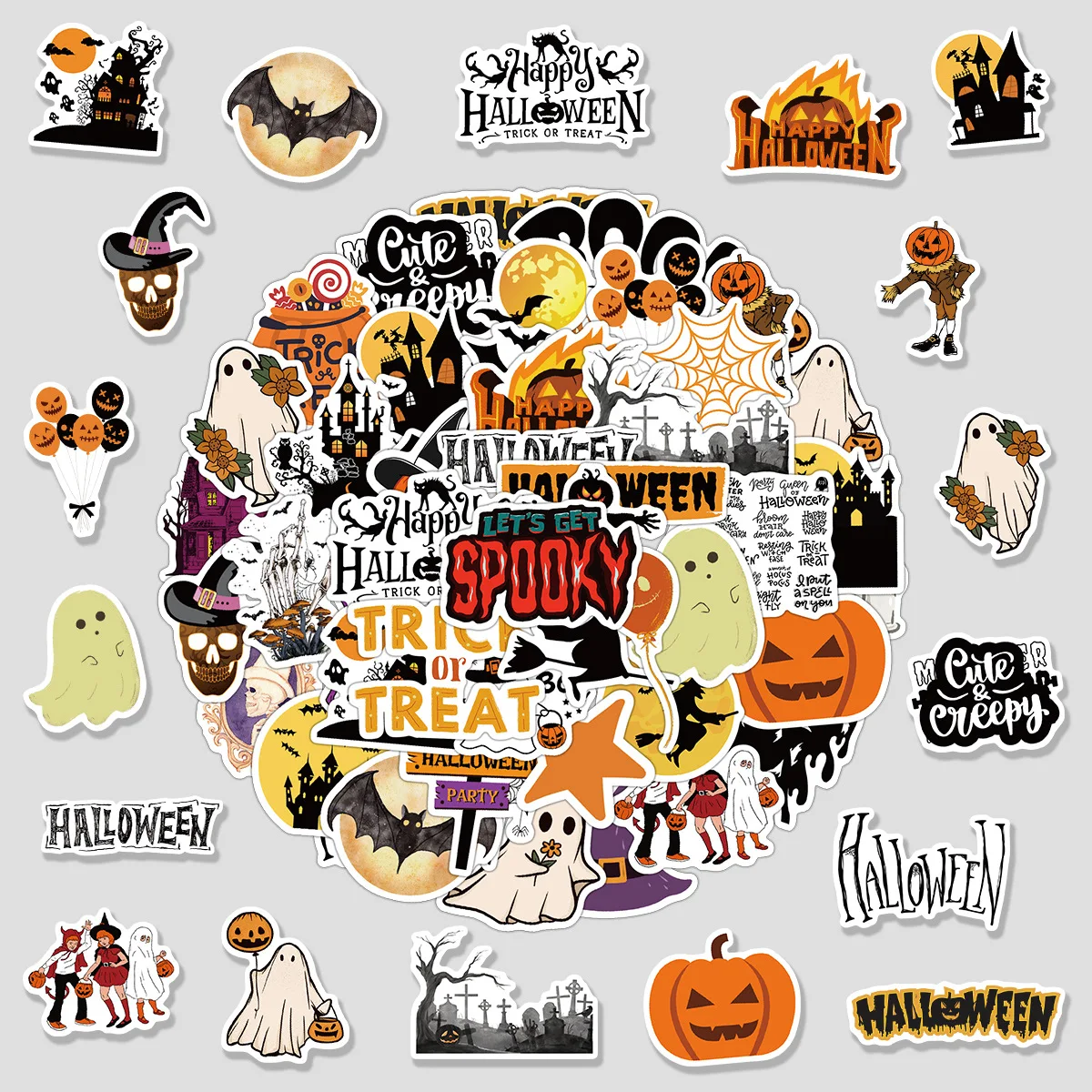 Stiker kartun tema liburan Halloween, 10/30/50 buah stiker grafiti Skateboard bagasi Laptop telepon DIY untuk mainan