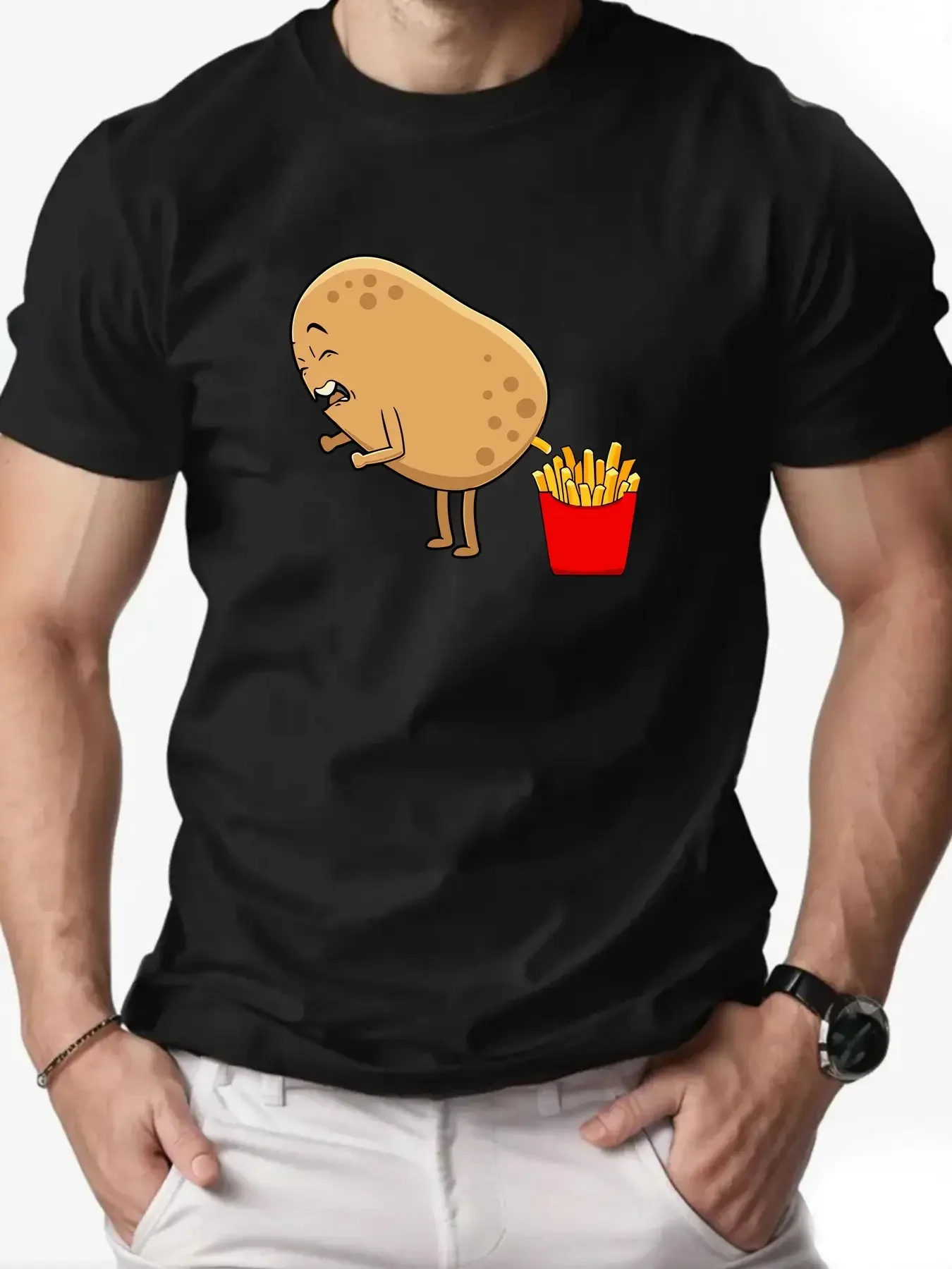 تي شيرت رجالي بنمط البطاطس المضحكة والبطاطس المقلية مناسب للارتداء اليومي والأنشطة الخاصة. تي شيرت مضحك للرجال #1