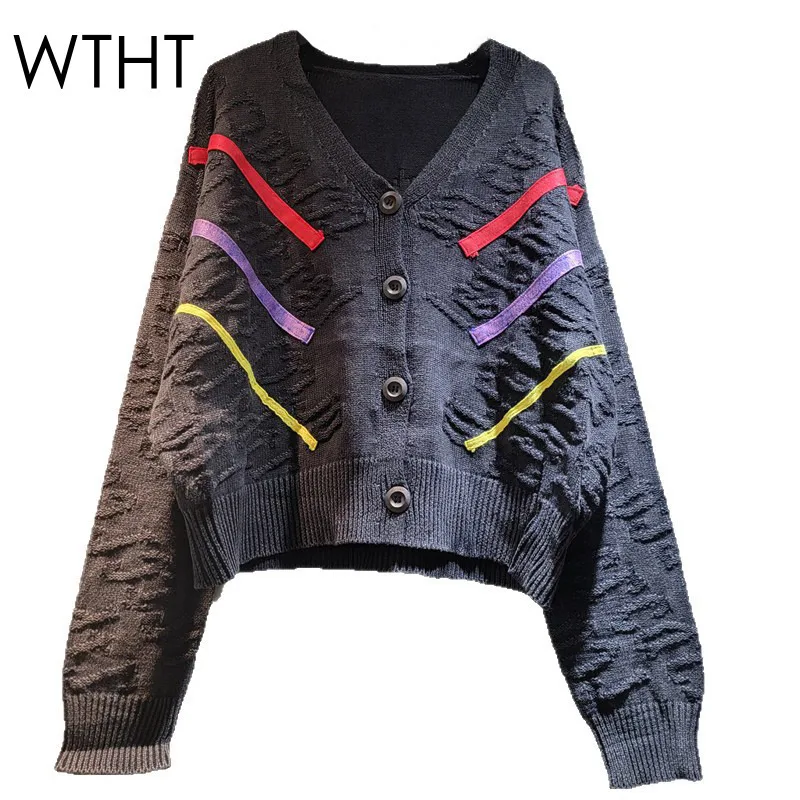 

WTHT Fashion Women's Spliced Striped Embroidery Knit Sweater Trendy Single-breasted Long Sleeves Tops Female 2025 Summer 1LS2131