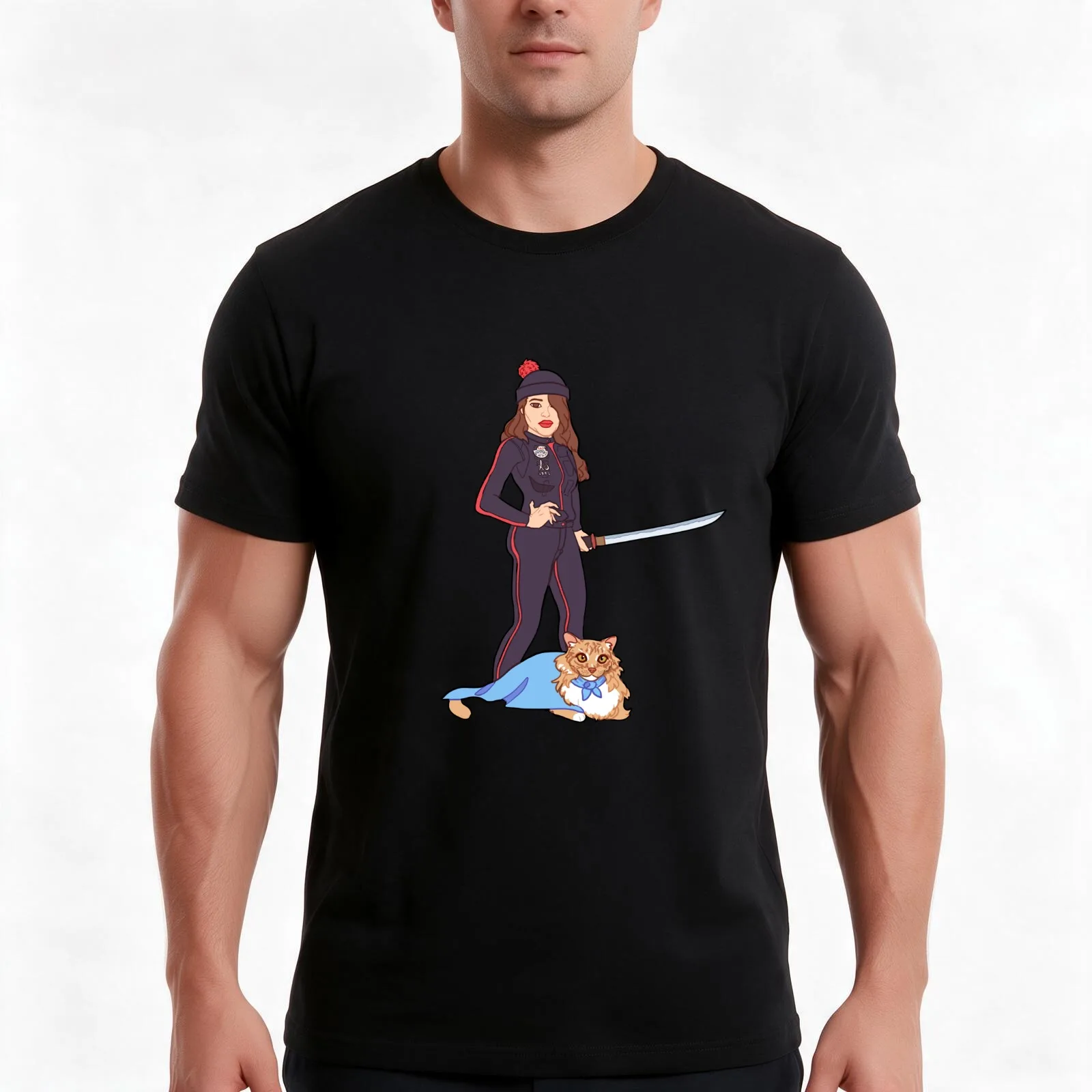 Birthday commissions black jumpsuit with orange cat T-Shirt, Summer Casual Cotton Tee, Oversized Streetwear Tops, 100% Cotton