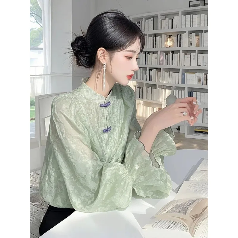 New Chinese Chiffon Shirt for Women 2025 Autumn New Design Stand-up Collar Long-sleeved Versatile Elegant Retro Top