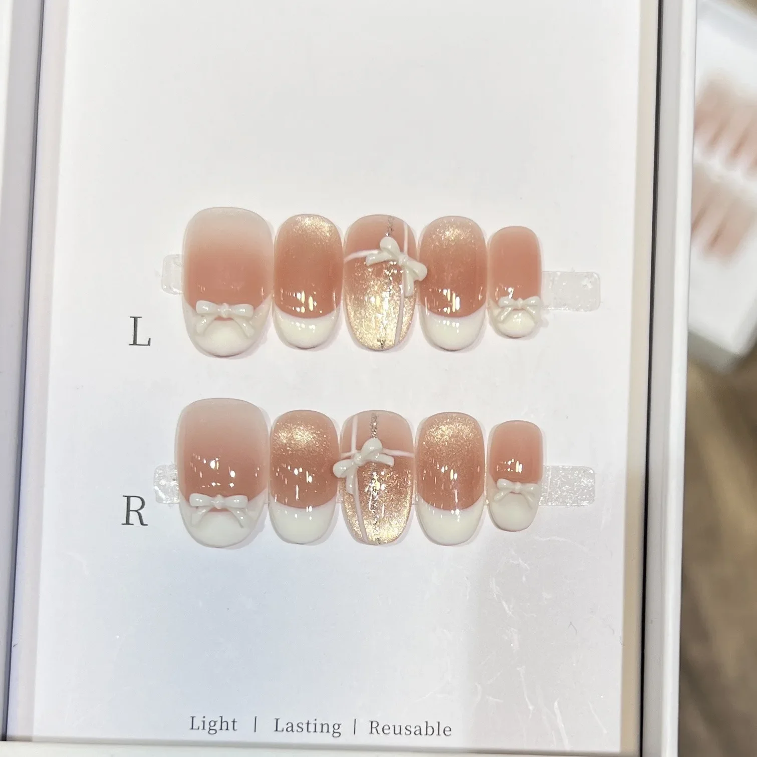 10 قطعة اللوز الفرنسي الوردي اليدوية الصحافة على الأظافر القوس الأبيض الأظافر وهمية أظافر صناعية أظافر صناعية Nafni Uñas Postizas