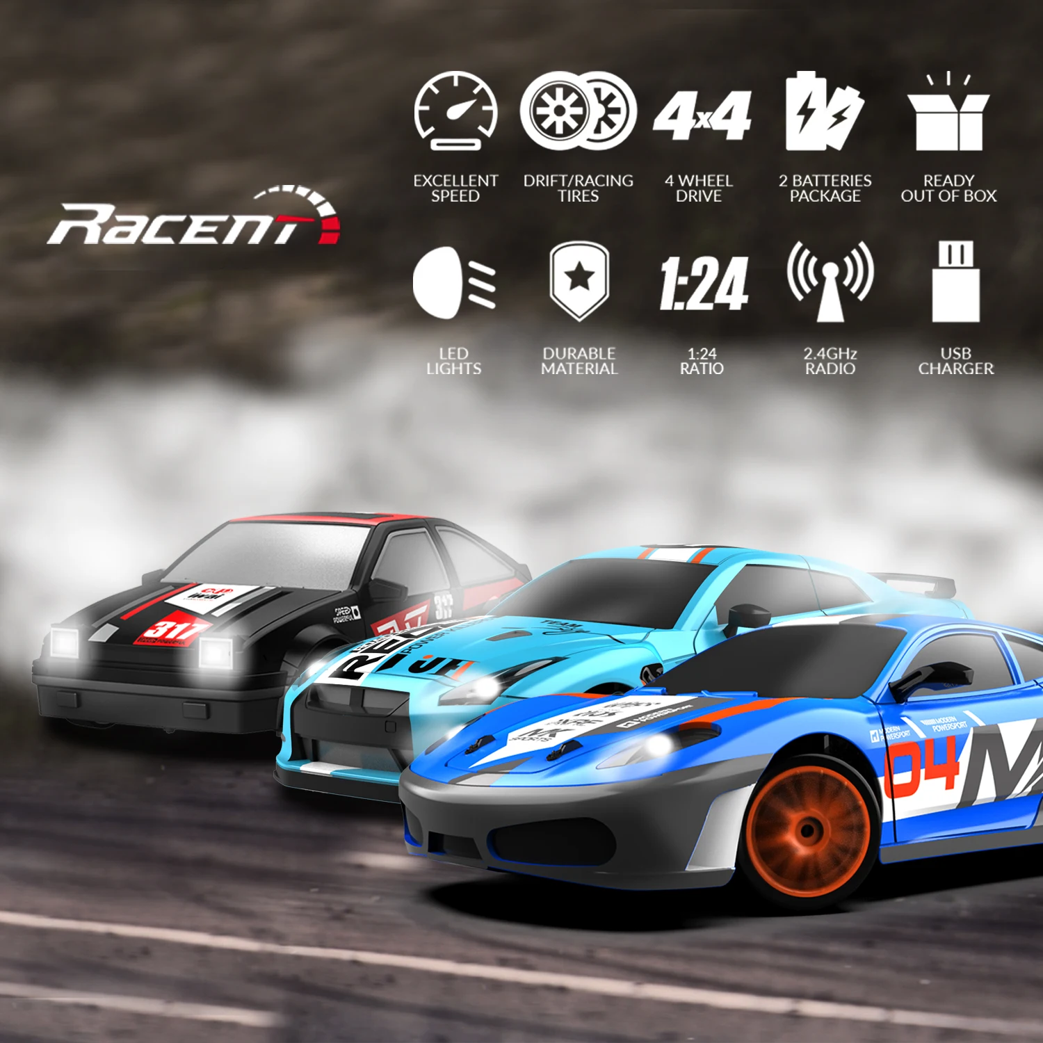 RACENT Drift RC Car 1:24 Scale 2.4Ghz Remote Control Car 4WD 10MPH Fast RC Car With 2 Rechargeable Batteries Vehicle Toys for Kids