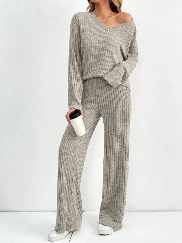 

Fashion Knitted Pit Strip Women Home Wear Trousers Suit Autumn Winter New Casual V-neck Long-sleeved Knitted 2-piece Set Female