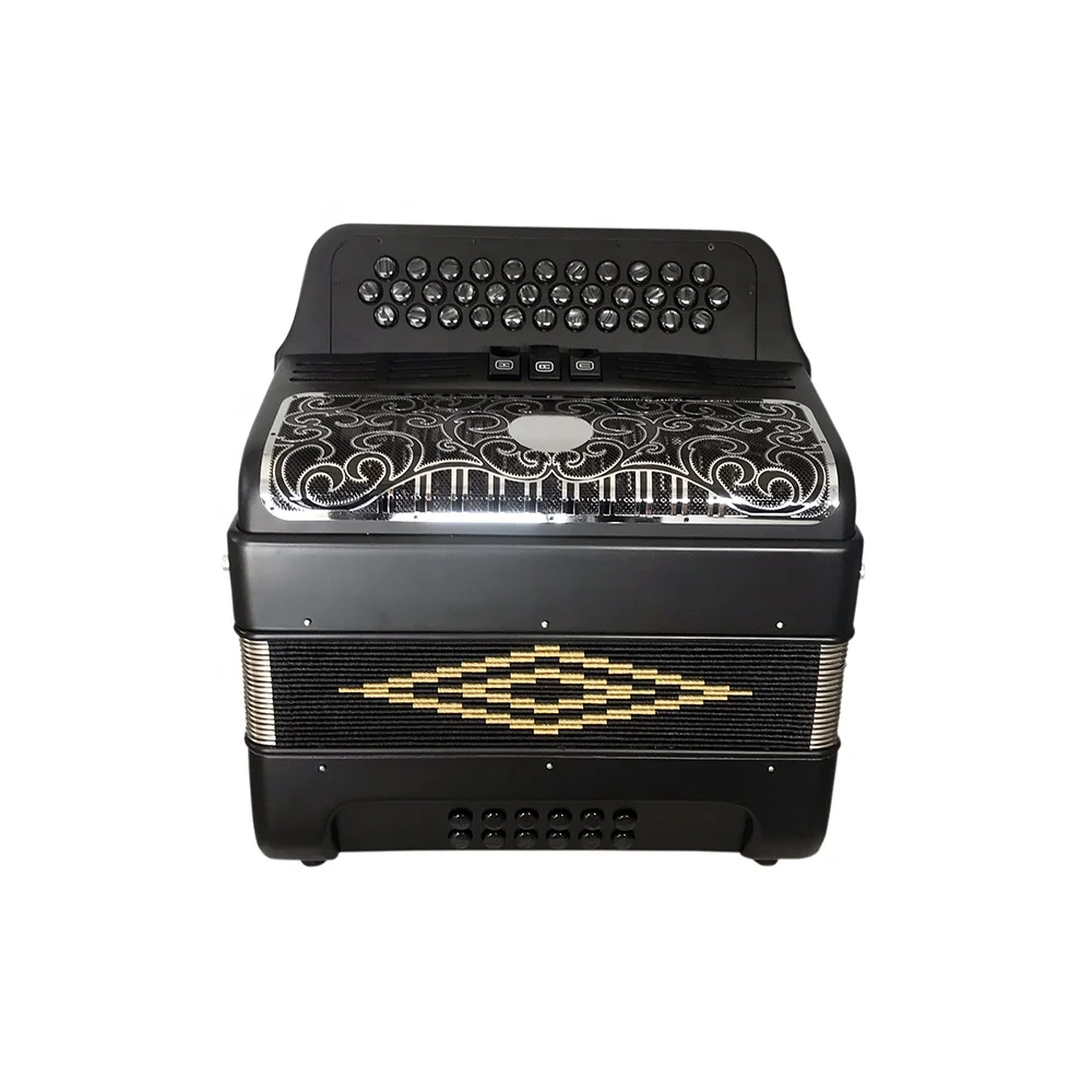 Professional 34-Button 12-Bass 3-Registers Acrodeon JB3412C Matt Black Accordion Instrument with Black Silver Grill and Buttons
