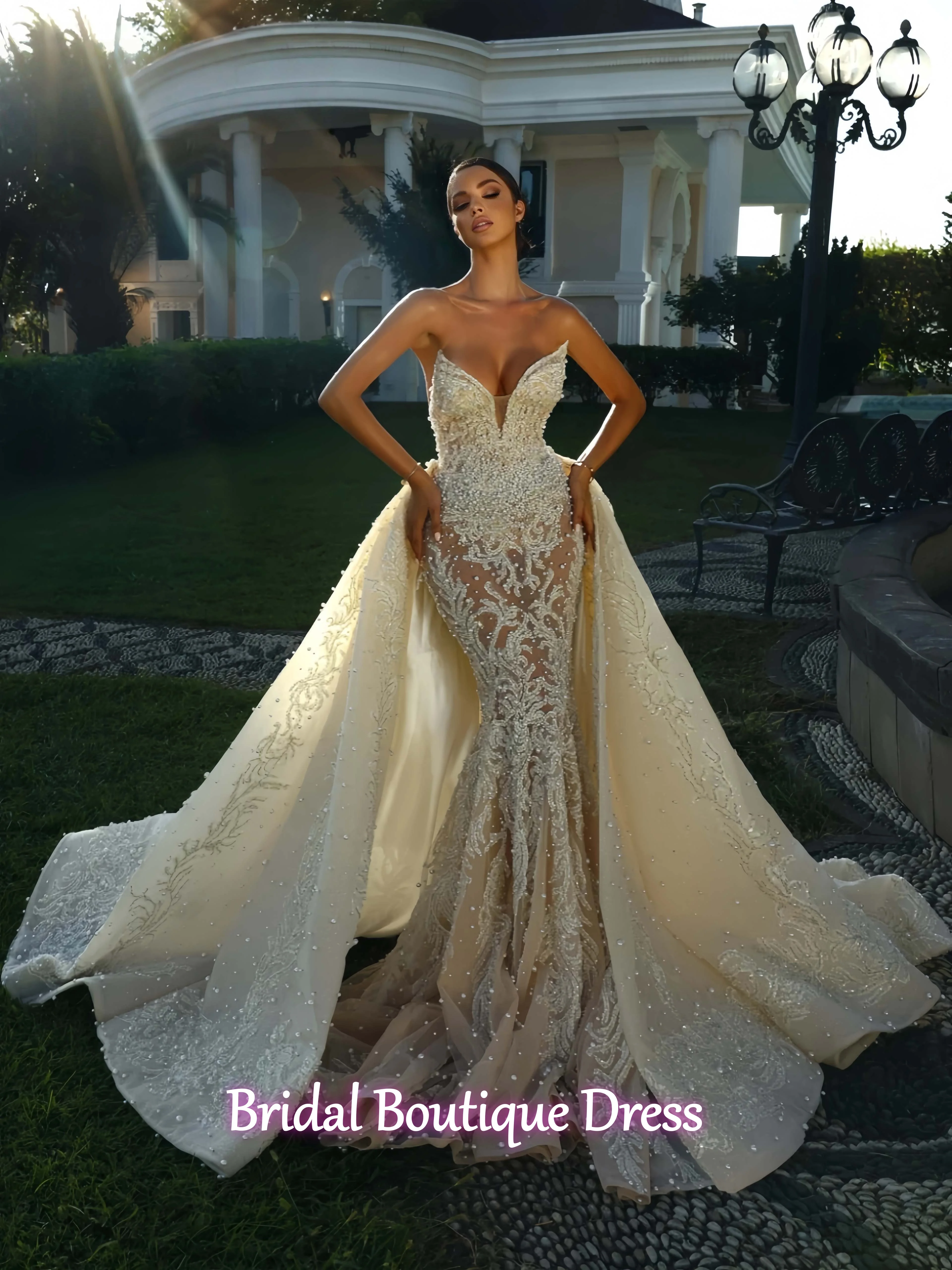 Abito da sposa sexy personalizzato con scollo a cuore Abito da sposa con paillettes scintillanti di lusso Abito da sposa con perle Sirena Abito da sposa lungo Vestido De Novi