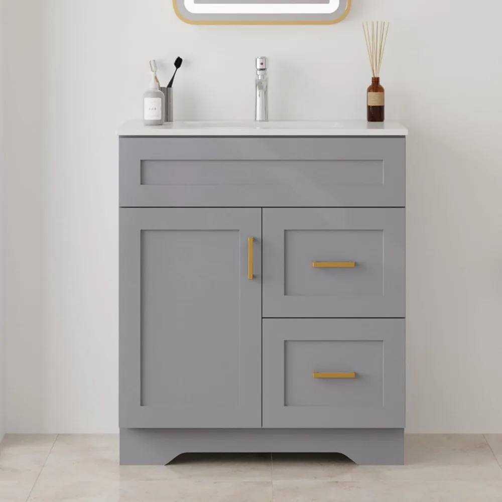 

30" Modern Bathroom Vanity & Sink Combo Set - Floor Standing Cabinet with Storage Drawers, Doors - Grey Finish