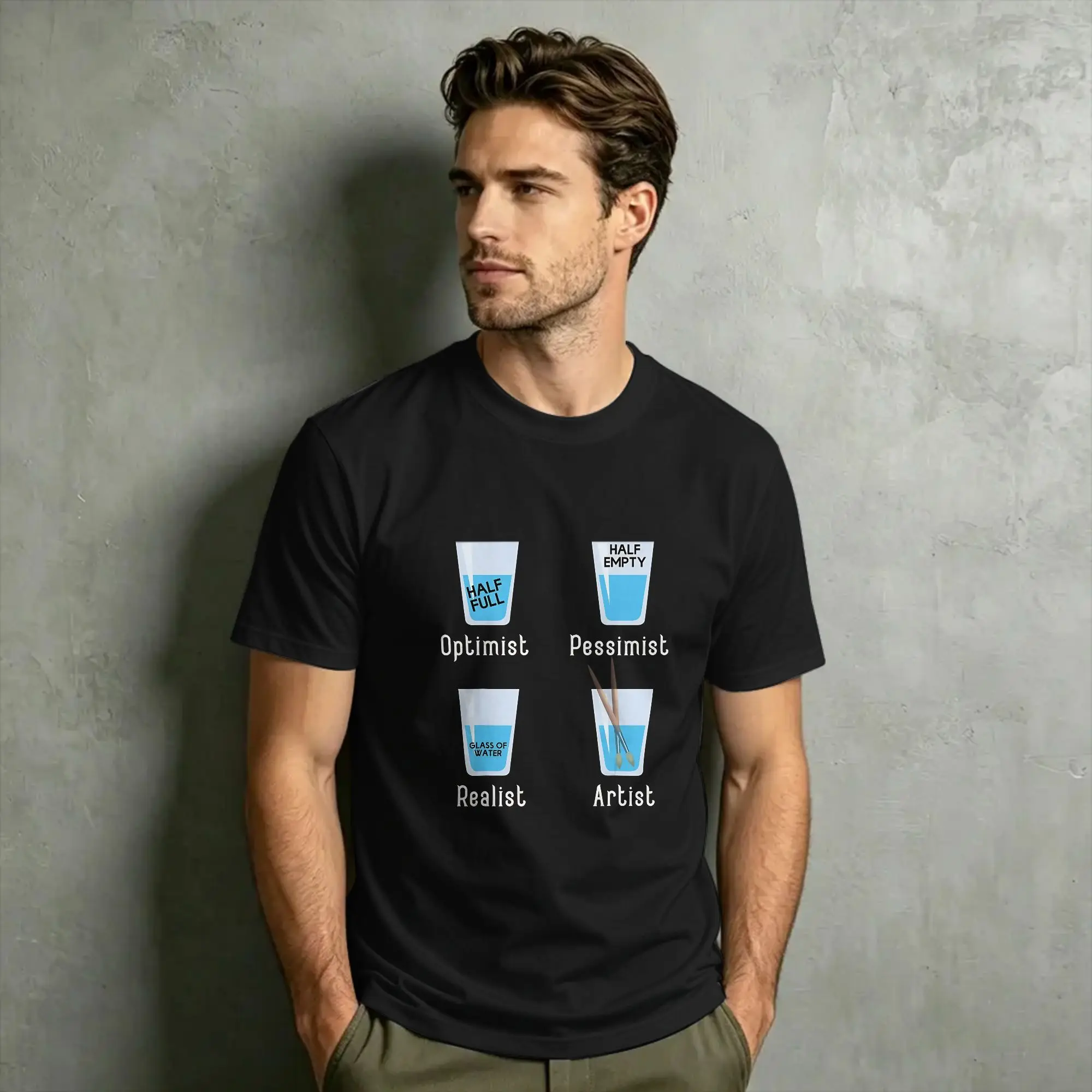 Half-Full Half-Empty Meme Psychology T-Shirt for Men  Casual Cotton Tees Crewneck Short Sleeve T Shirts Plus Size Tops