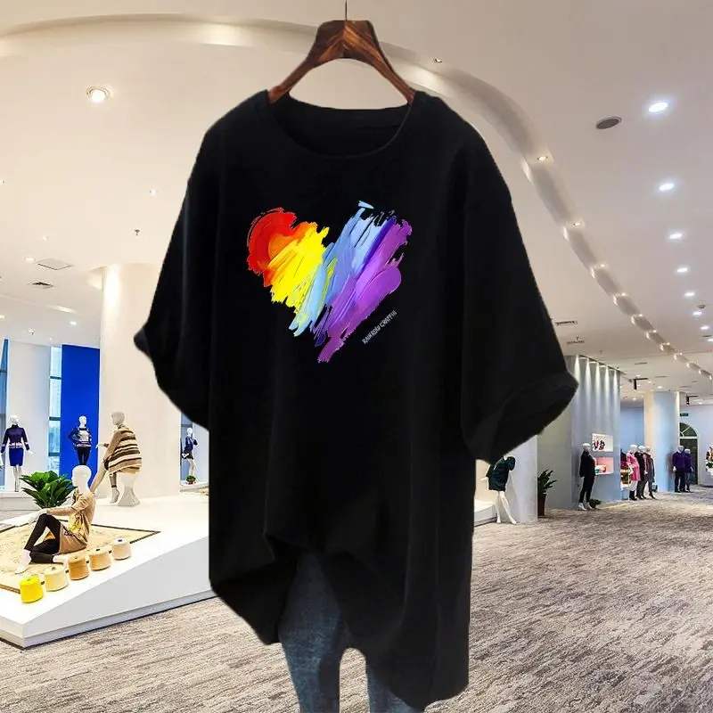 Rainbow Love Pure Cotton White Pullover T-shirt for Women Summer Short Sleeve Fashion Round Neck Loose-fitting Middle Length Top image 4