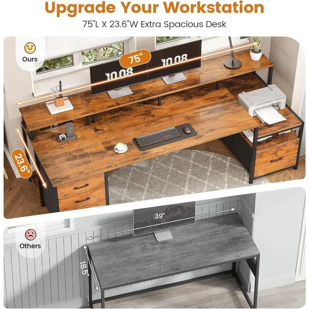 Home Office Desk with File Drawer & Power Outlet, Computer Desk with Drawer, Storage Shelves, Monitor Shelf ,Customized