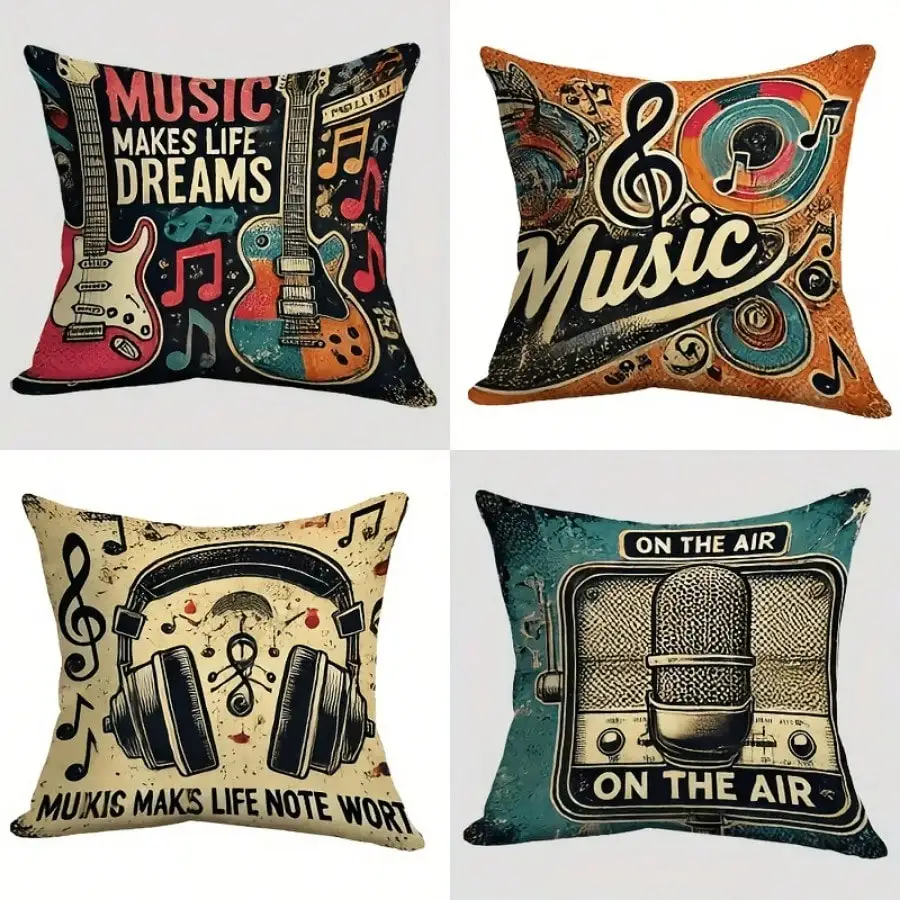 4pcs Retro music theme Single-sided printing Short plush Suitable for living rooms bedrooms sofas (excluding pillow cores)