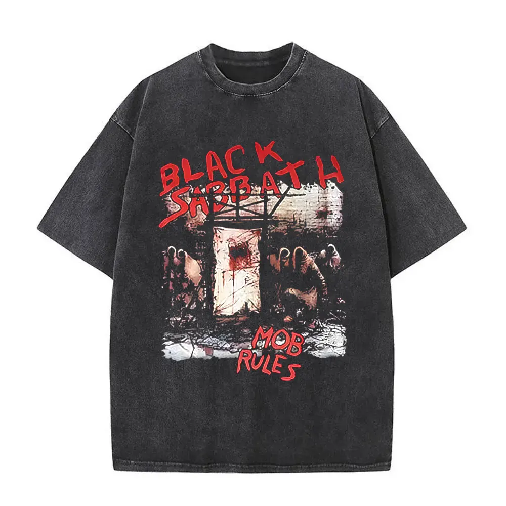 

Washed Vintage Heavy Metal Rock Band Black Sabbath Mob Rules Album Graphic T-shirt Men Women Gothic Fashion Oversized T Shirts