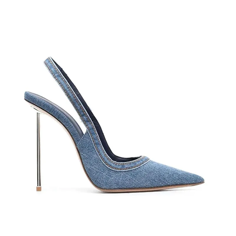 Arden Furtado 2025 Summer blue denim Metal heel Closed toe Sandals Pointed toe Sexy Super high heel Back Stra Modern Sandals