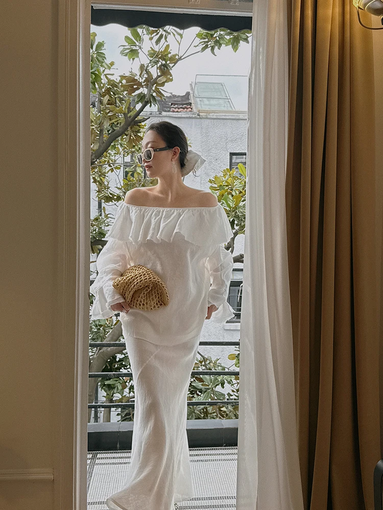 

Платье подружки невесты из чистого льна с пышными рукавами, дизайном на одно плечо, юбкой-рыбьим хвостом, свободным ретро-топом с длинными рукавами