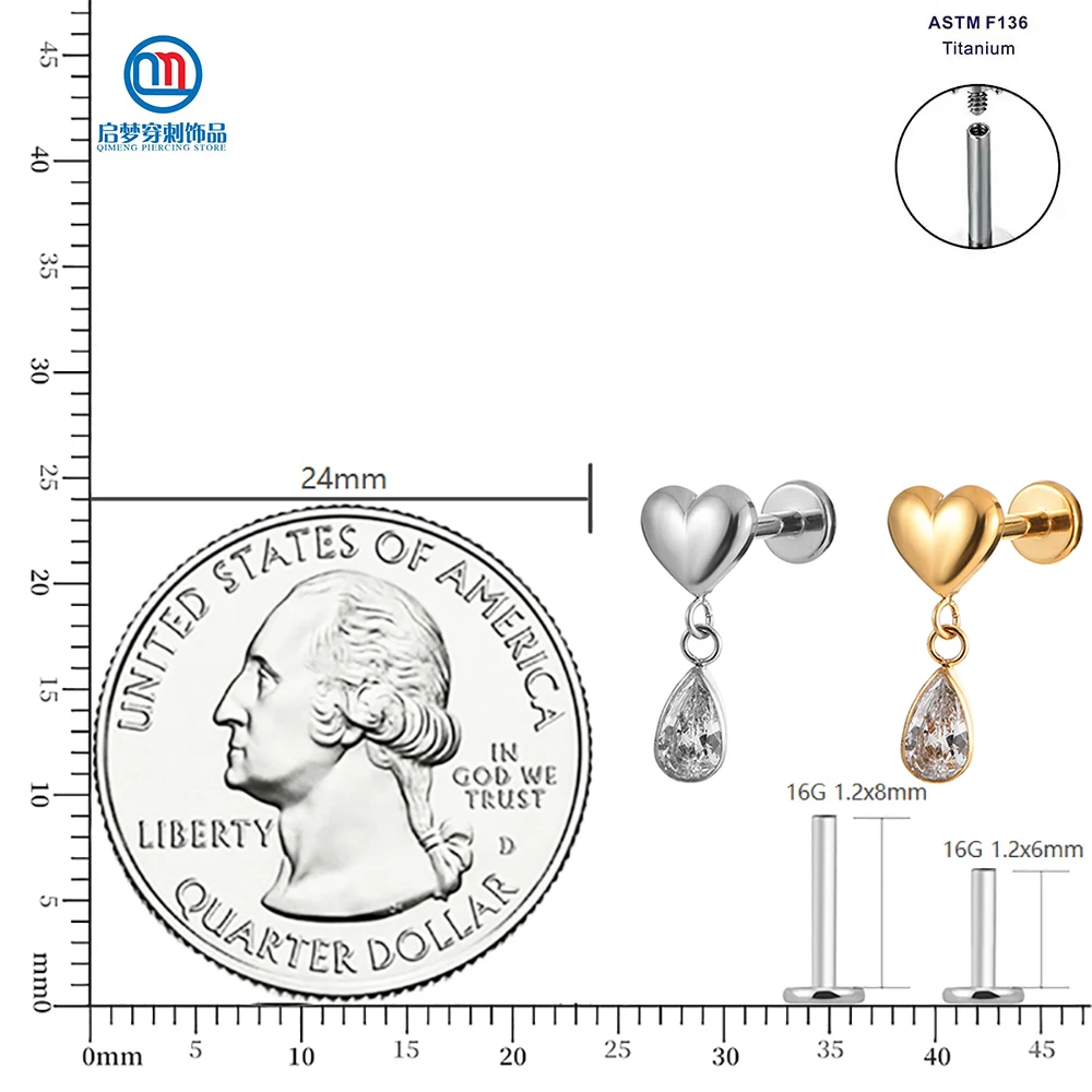 ASTM F136 Titanium Internally Threaded Heart Top with Teardrop Dangle Labret Earring Tragus Flat Body Piercing Jewelry