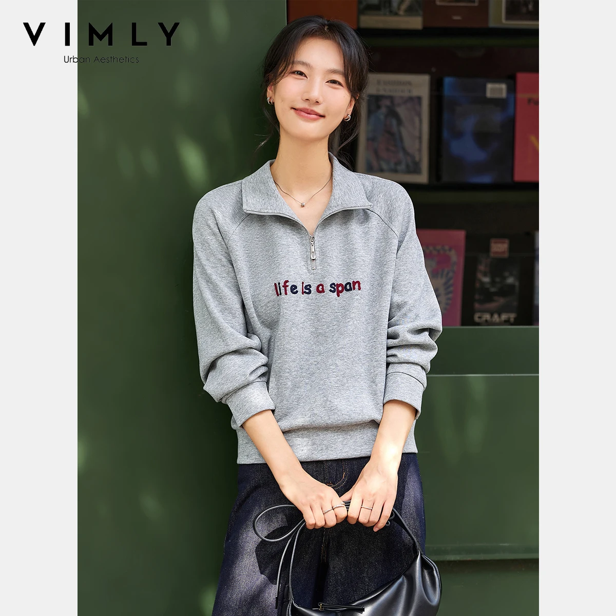 

VIMLY Grey Sweatshirts Women Fashion Autumn 2025 Casual Letter Embroider Half Zipper Sweatshirt Long Sleeve Knitted Tops A2099