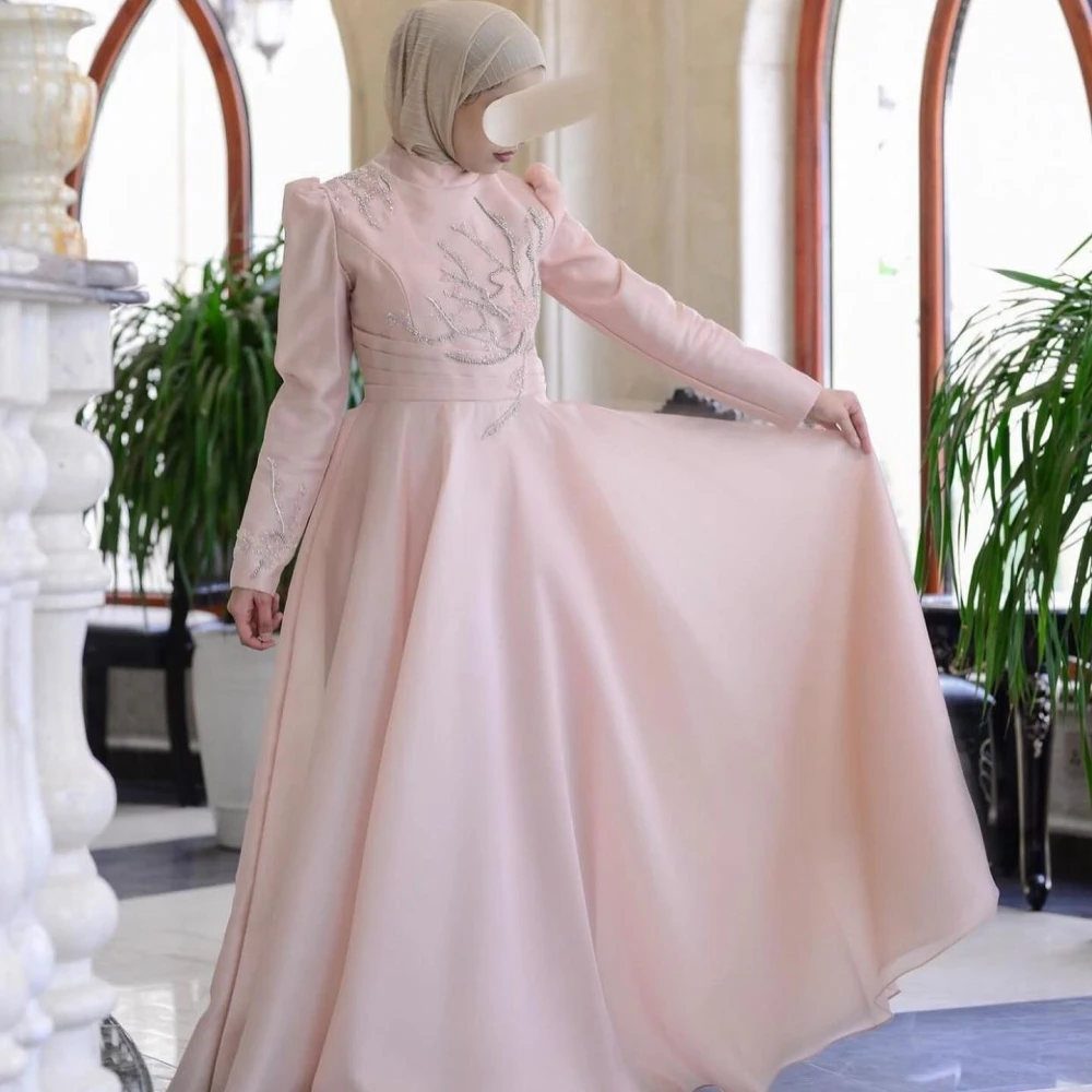 Jiayigong Chiffon Perline Serata formale A-line Collo alto Abito da occasione su misura Abiti midi Arabia Saudita