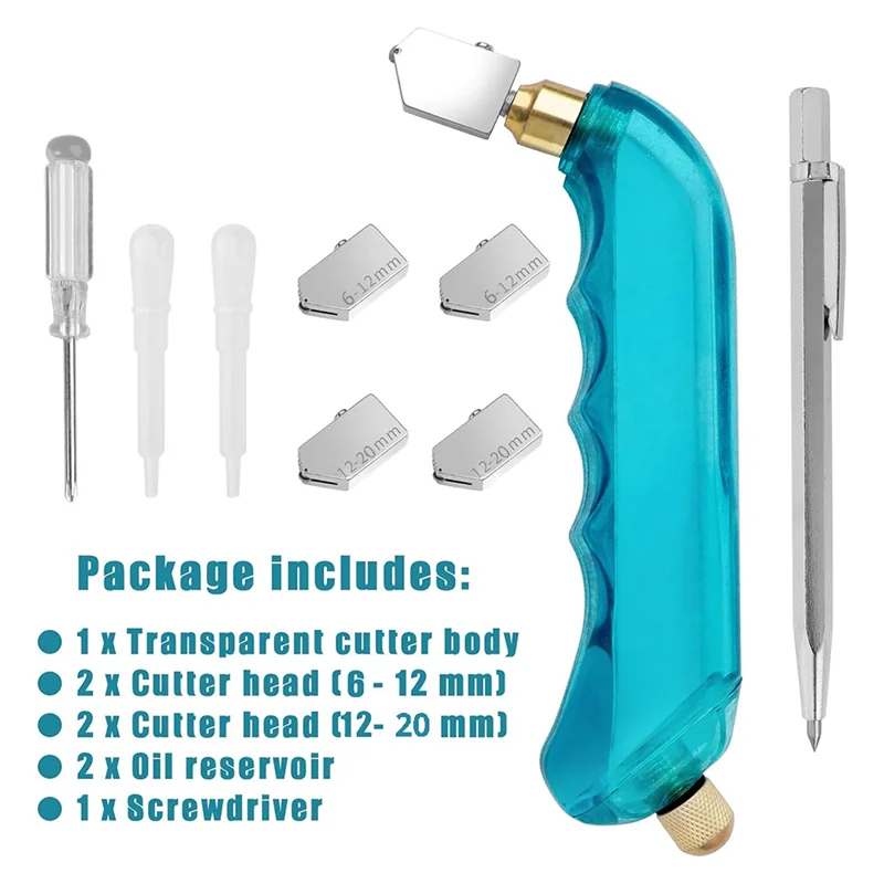 AB47-Glass Cutting Tool Kit Includes Blue Oil Feed Glass Cutter With 3 Extra Replacement Head(6Mm-12Mm,12Mm-20Mm) Easy To Use