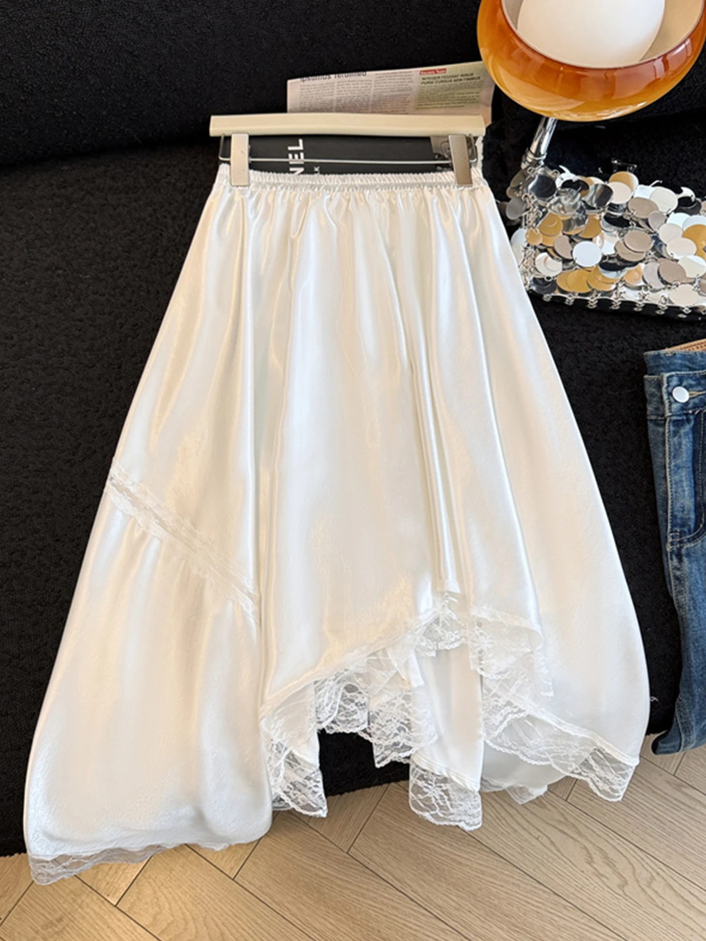 

Acetate Satin Lace Patchwork Midi Skirt Women's High Waist Slimming Drapey A-Line Maxi Skirt Summer Commute Korean Style