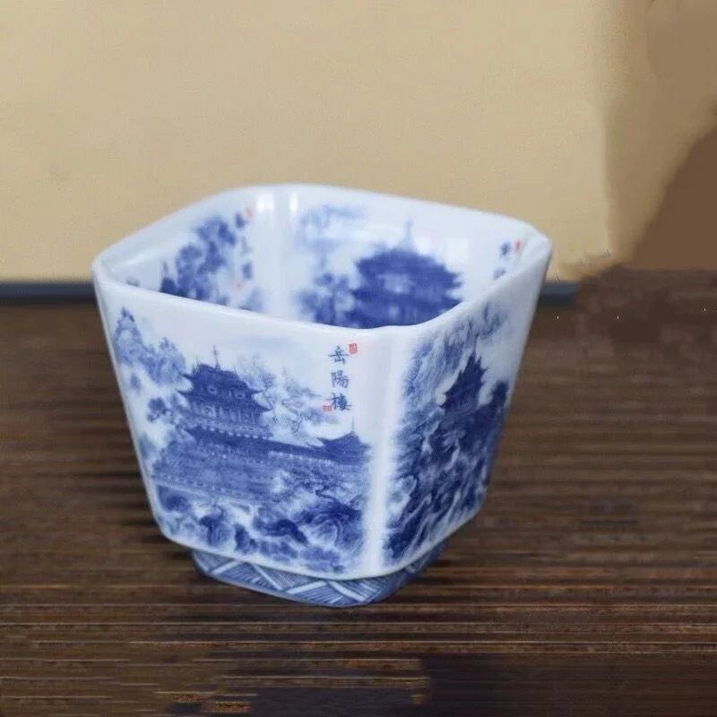 Chinese Jingdezhen Porcelain Blue and White Square Tea Cup: Four Tower