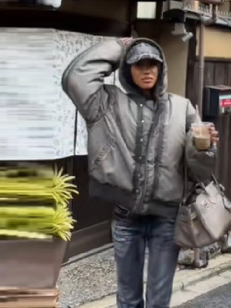 

Women Fashion Double-sided Cotton Warm Thick Jacket Hip-hop Long Sleeve Hooded Zipper Coat New Autumn Winter High Street Outwear