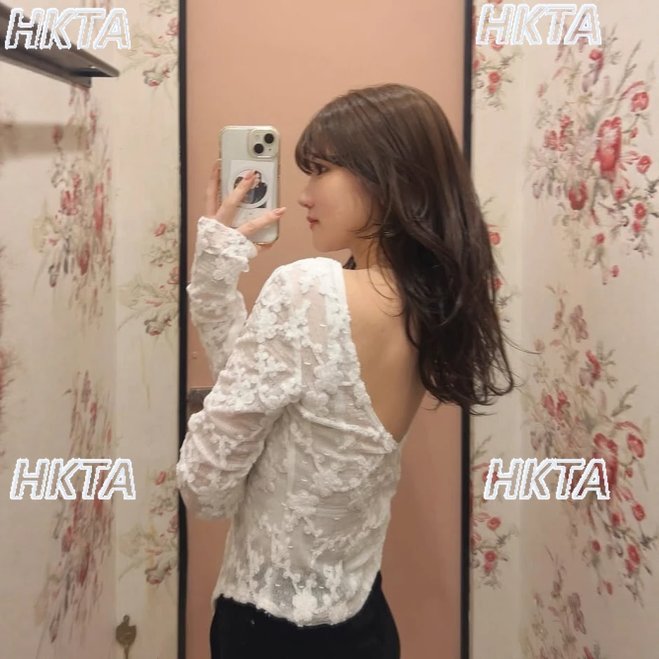 Maglietta giapponese elegante sexy dolce tridimensionale fiore pizzo sottile elastico senza schienale dolce maglietta a maniche lunghe top maglietta bianca da donna