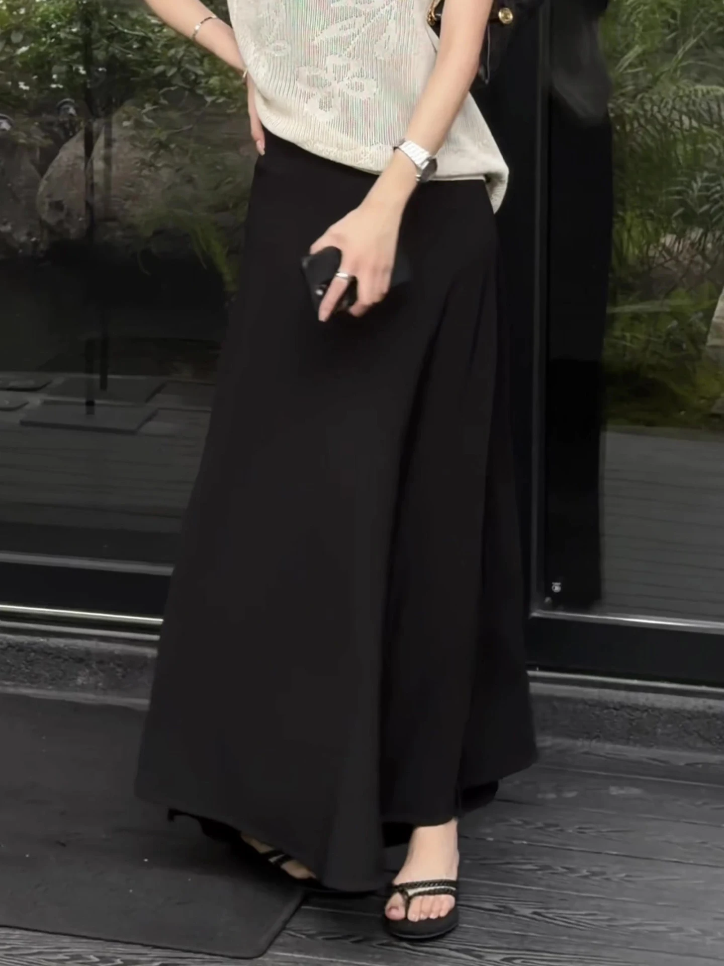 Elegant Black High Waist A-Line Midi Skirt for Women Summer Thin Large Size Flared Skirt Korean Style Commute Straight Cut