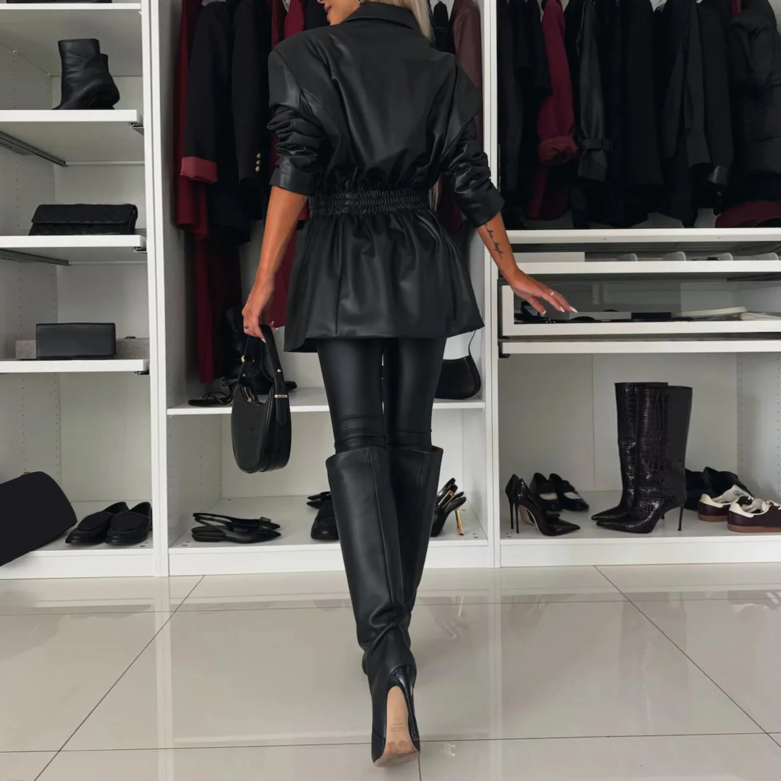 Cool แจ็คเก็ตฤดูหนาวเสื้อสเวตเตอร์ถักหนังสังเคราะห์คอตั้ง Lady เสื้อคลุมฤดูใบไม้ร่วง Slim Fit เสื้อฝนสำหรับช้อปปิ้ง