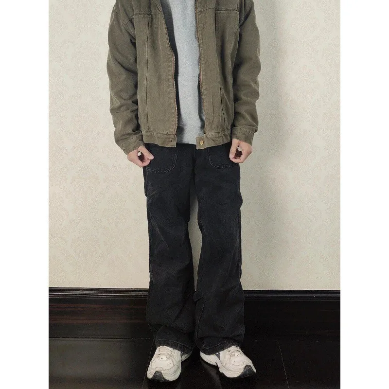 

Retro Faded American High Street Vibe Men's Loose Straight Leg Wide Leg Jeans Workwear Denim Pants Folded Design Sensation