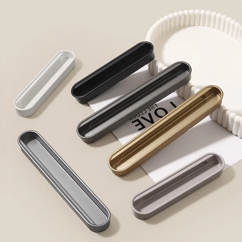 Modern White Sliding Door Handle Concealed Black Aluminum Alloy Embedded Wardrobe Drawer Pull Slotted Hidden Furniture Handle