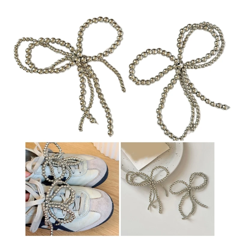 

1 Pair Fashion Beaded Bowknot Shoe Lace Fastener Stylish Silver Butterfly Shoelace Decoration Women Girl Handmade Shoe Ornaments