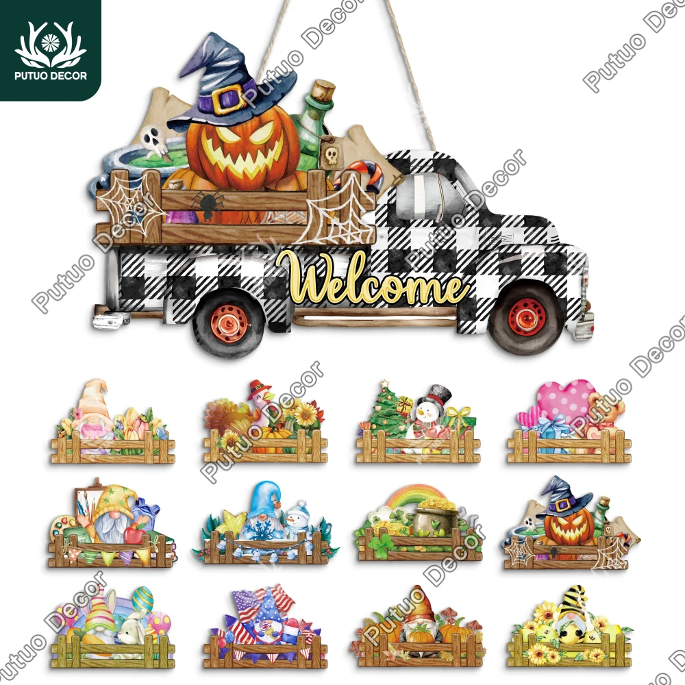 Putuo Decor 1pc Truck Shaped Front Door Decor, 12 Replaceable Velcro Home, Coffee Shop Decor,  Holiday Celebrations Gifts