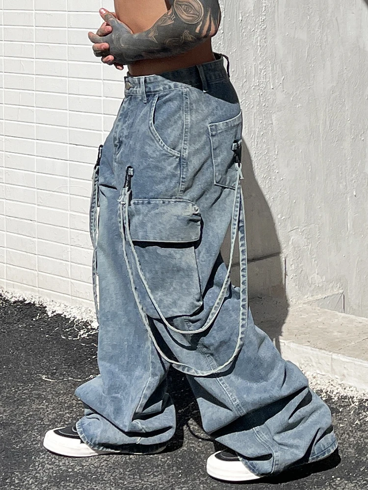 

Niche Designers Wear High Street Vibe Distressed Washed Straight Multi-Pocket Jeans Loose Men and Women Hip-Hop Fashion