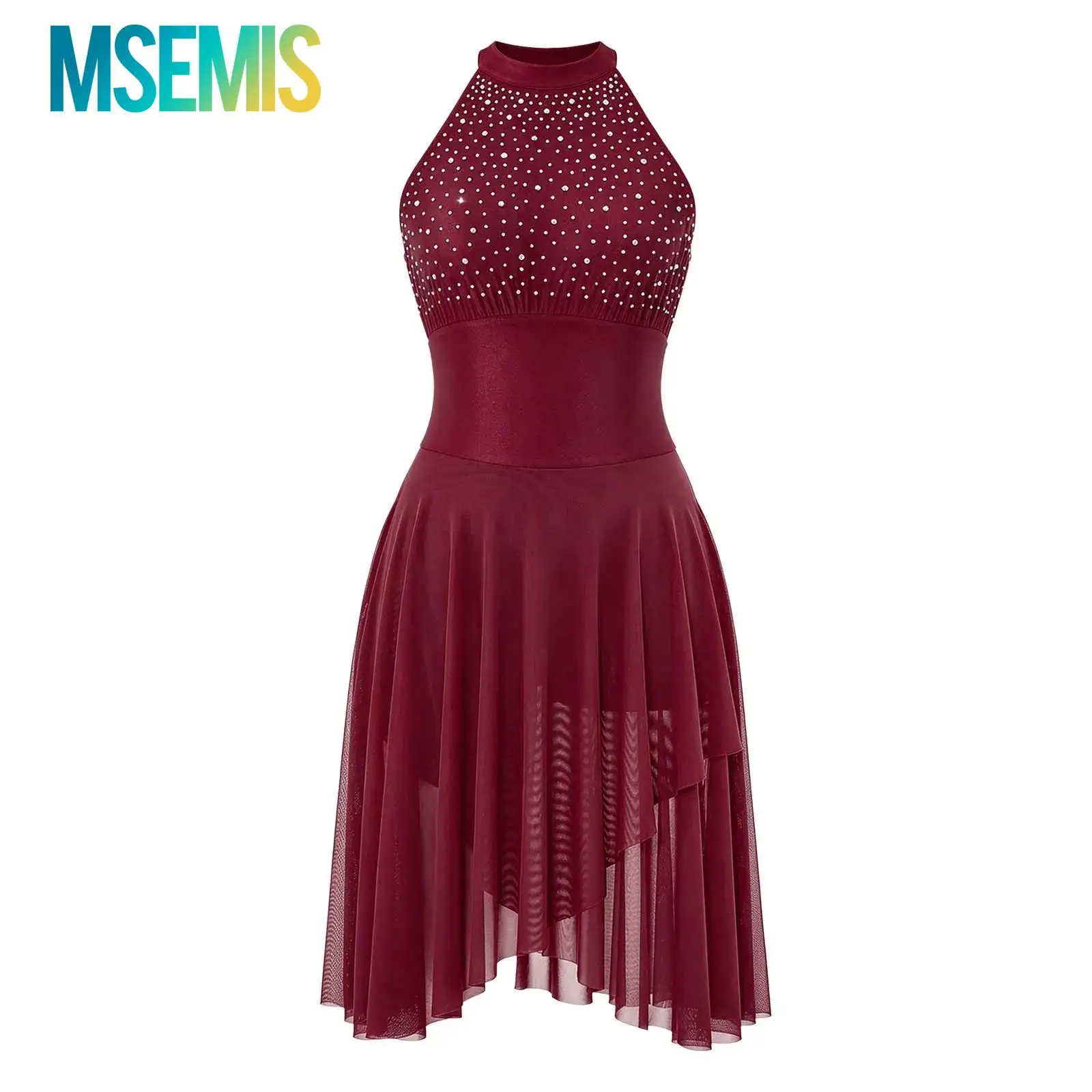 Women Halter Rhinestone Figure Skating Lyrical Latin Dance Dress Burgundy Asymmetrical Mesh Skirt Modern Competition Dancewear