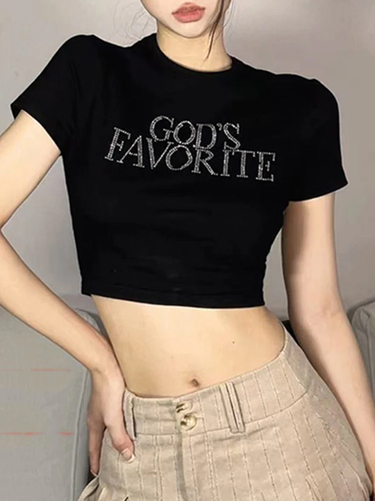 

Women Punk Letter Cosmic Graphic Summer Tops Vintage Rhinestone Short Sleeve Cropped Tops Casual Harajuku Ladies White T-shirt ﻿