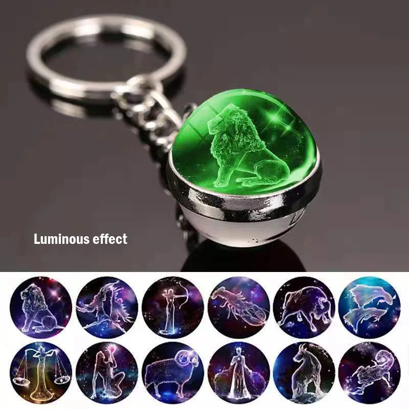 12 Constellation Luminous Keychain Glass Ball Pendant Keyring Glowing in the Dark Key Chain Men Women and Children Birthday Gift