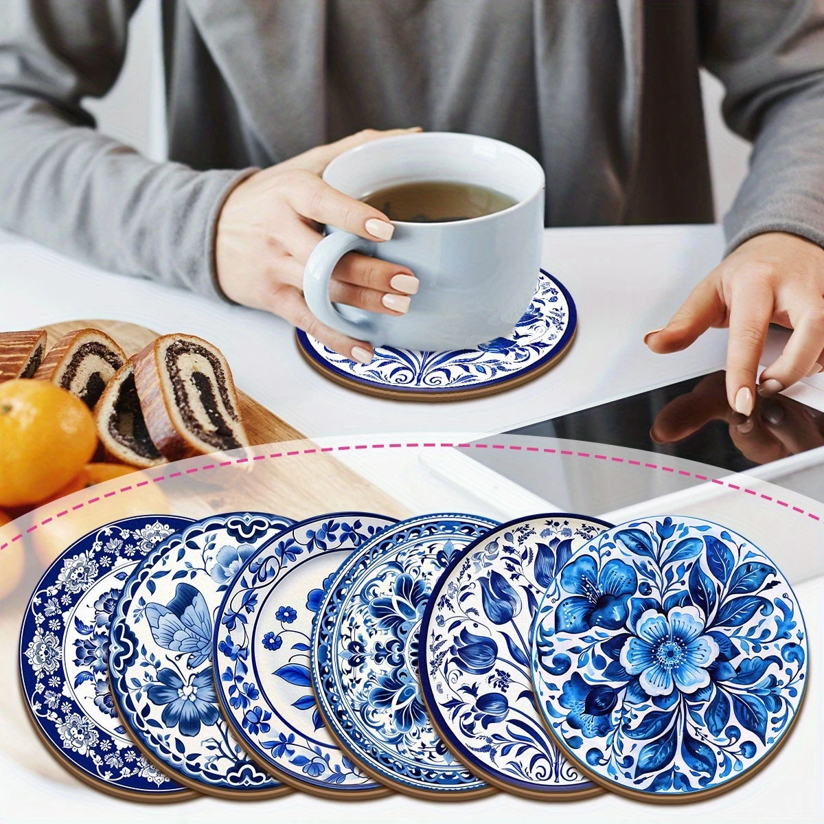 2D Flat, 6pcs Classical Printed Circular Wooden Coaster - Heat-resistant Non Slip Beverage Mat for Home Bar Office Decor Coaster