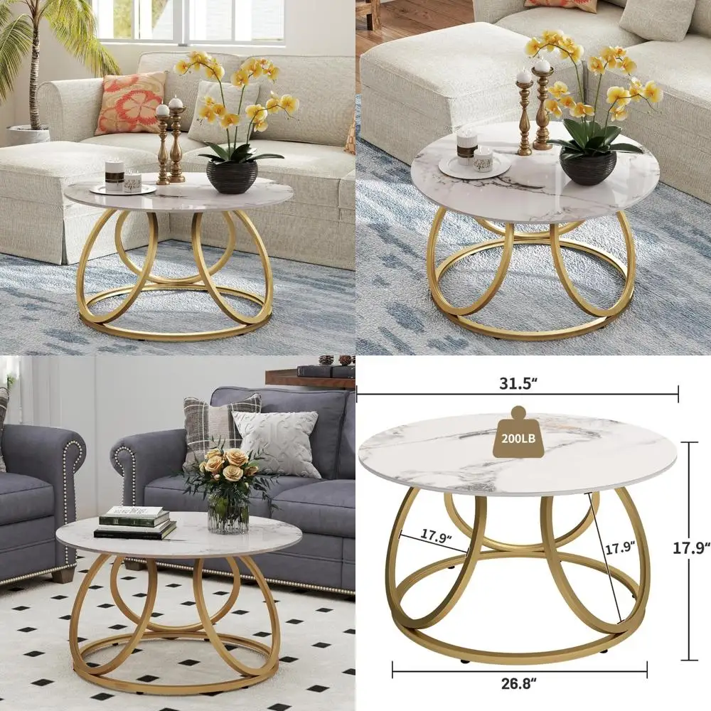 

Modern Living Room Coffee Table with Natural Marble Effect and Gold & White Accents