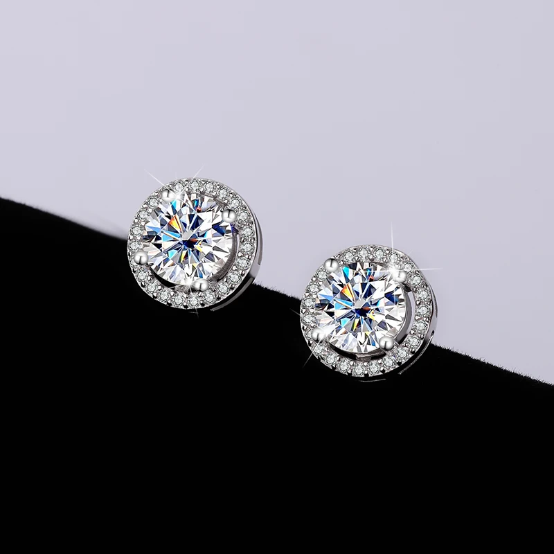

S925 Moissanite Earrings D Color, Round Halo Studs with Certificate, Genuine Sterling Silver Jewelry Gift for Women