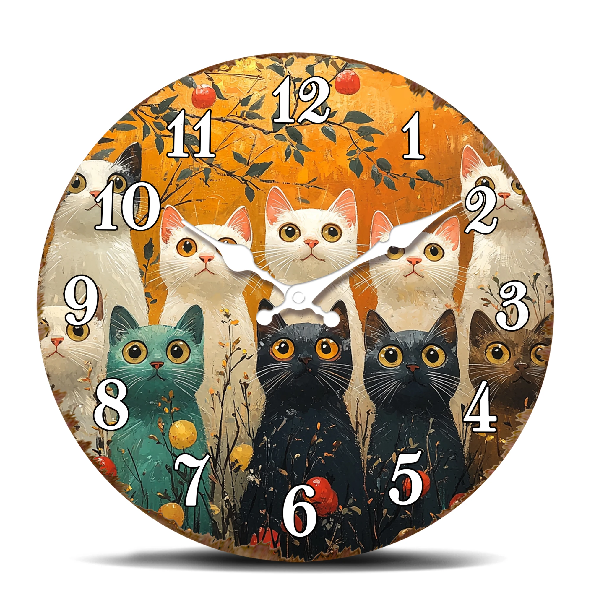 Bunte Katzen im Herbst Runde Wanduhr - Katzenliebhaber-Dekoration, Geräuschlose Nicht Tickende Wanduhr mit Katzenkunst