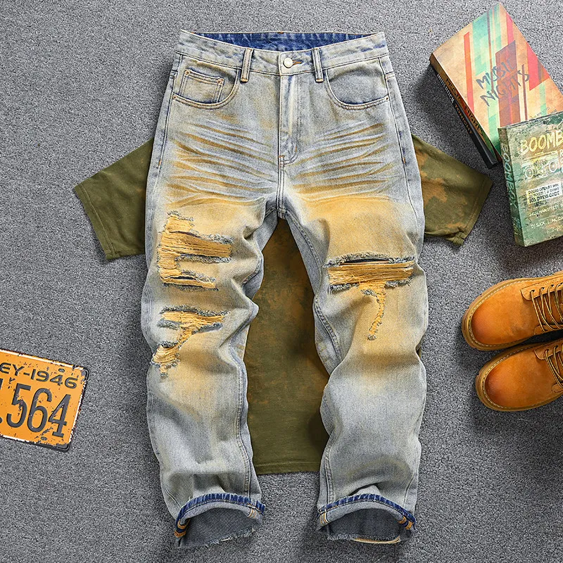 

Men's American Vintage Ripped Jeans, Loose Straight Yellow Mud Wash Denim Pants, Street Style Fashion Casual Trousers
