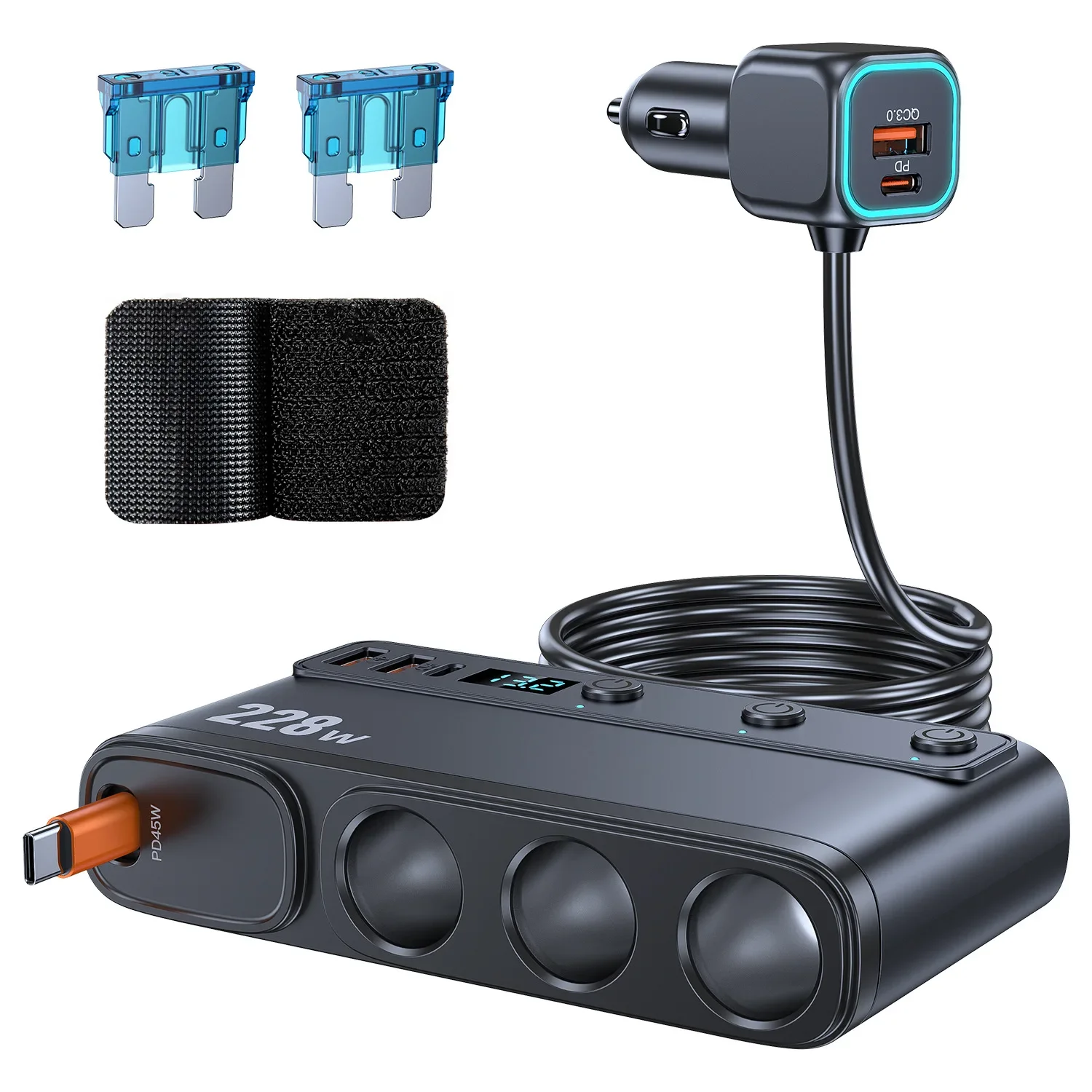 228W 9 in 1 Auto Snellader Adapter Lading Onafhankelijke Schakelaars DC Sigarettenuitgang PD 3 Socket Sigarettenaansteker splitter