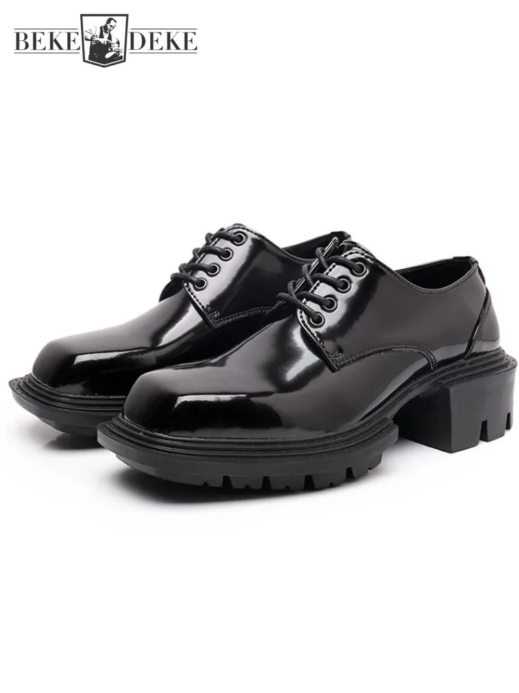 

New Designer Party Vintage Square Toe Patent Leather Dress Shoes Business Casual Mens Shoes Lace Up Thick Bottom Derby Shoes