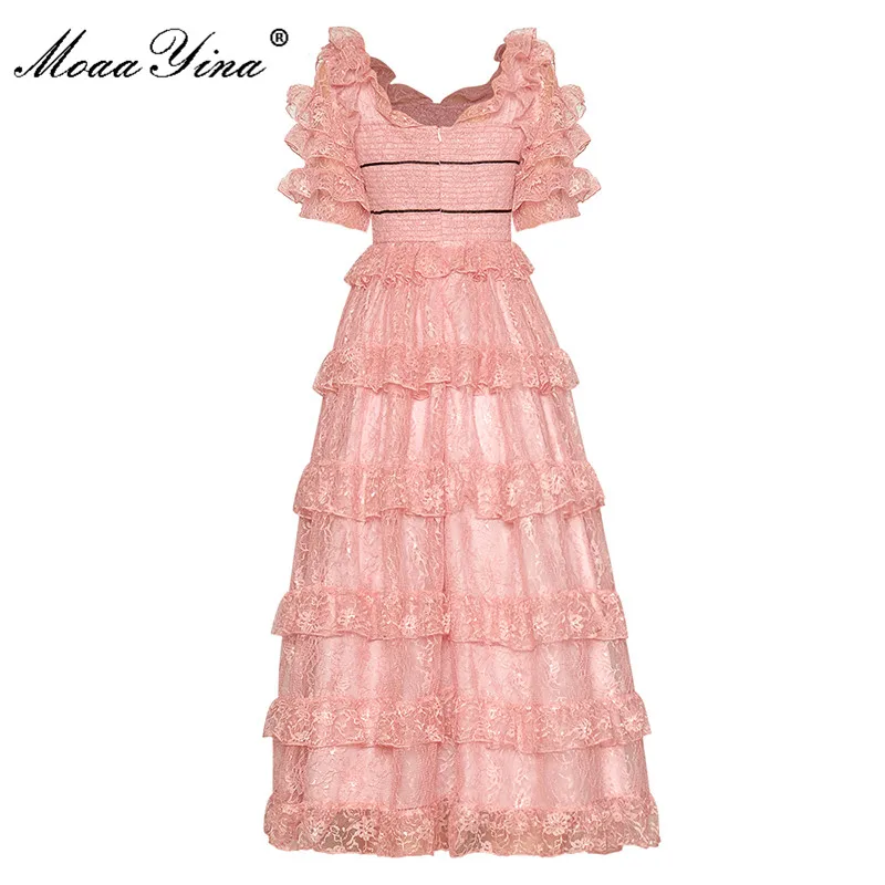 

MoaaYina Fashion Runway Summer Midi Dress Women Short sleeve Elastic waist Ruffles splicing Lace Vintage Party Pink Dress