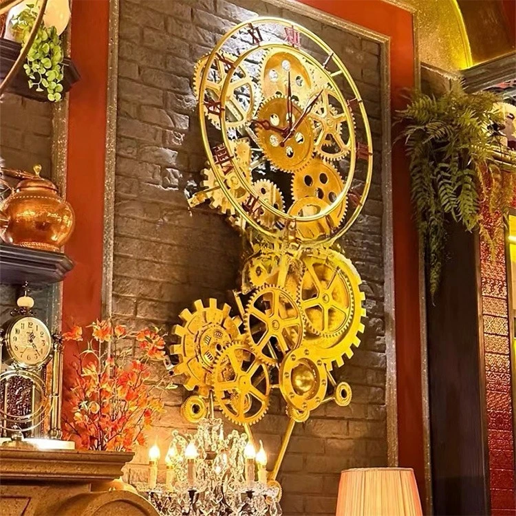 Bar Vintage Furniture Interior Decoration Hanging Iron Wall Clock Large Metal Wall Clock Punk Wall Clock Round Moving Gear